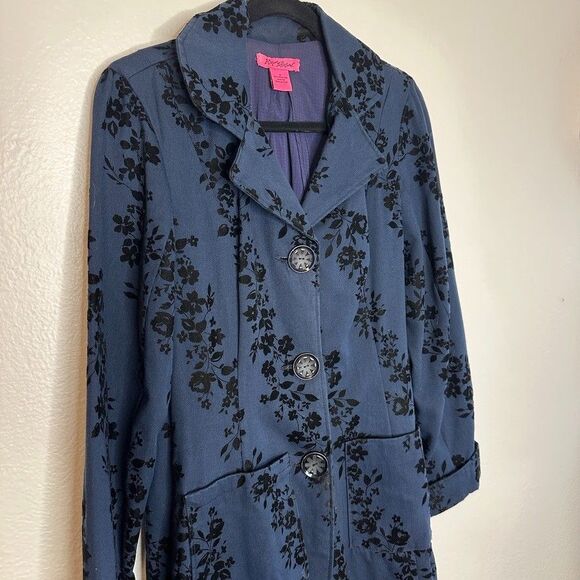 Vintage Y2K Betsey Johnson Navy Velvet Floral Trench Coat 90s Dark Academia M - Picture 3 of 9